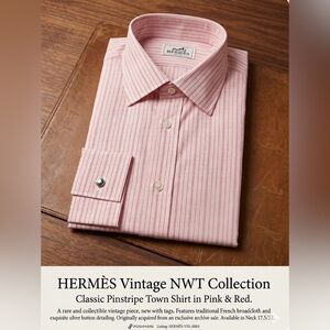 Hermes NWT Vintage Men’s Pink W/Red Pinstripes Button Down Neck 17.5/XL